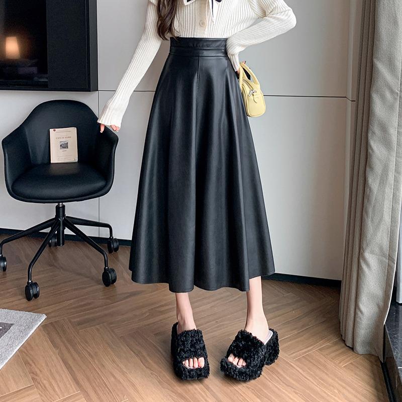 Fashionable A-line Skirt for Women Leather Skirts High Waist Knee-length Skirt