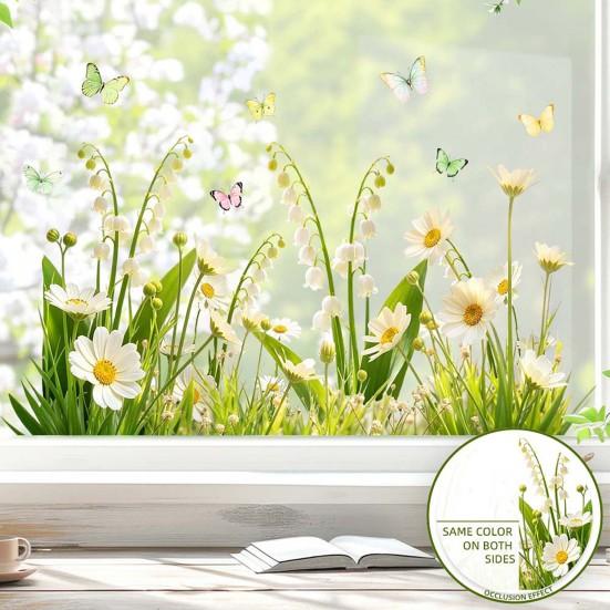 Bílá květinová fólie na okno Odnímatelná vodotěsná PVC květinová statická skleněná nálepka Jarní dekorace okna pro domácnost, kancelář, obývací pokoj