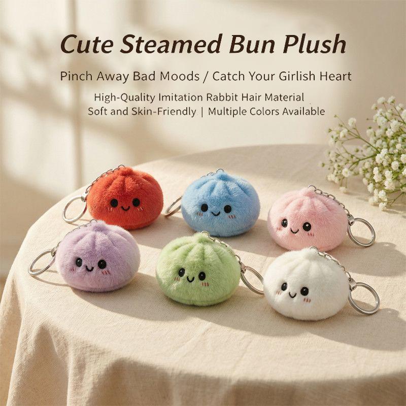 Cute Steamed Bun Shaped Squishy Plush Keychain Stress Relief Bag Pendant Small Gift