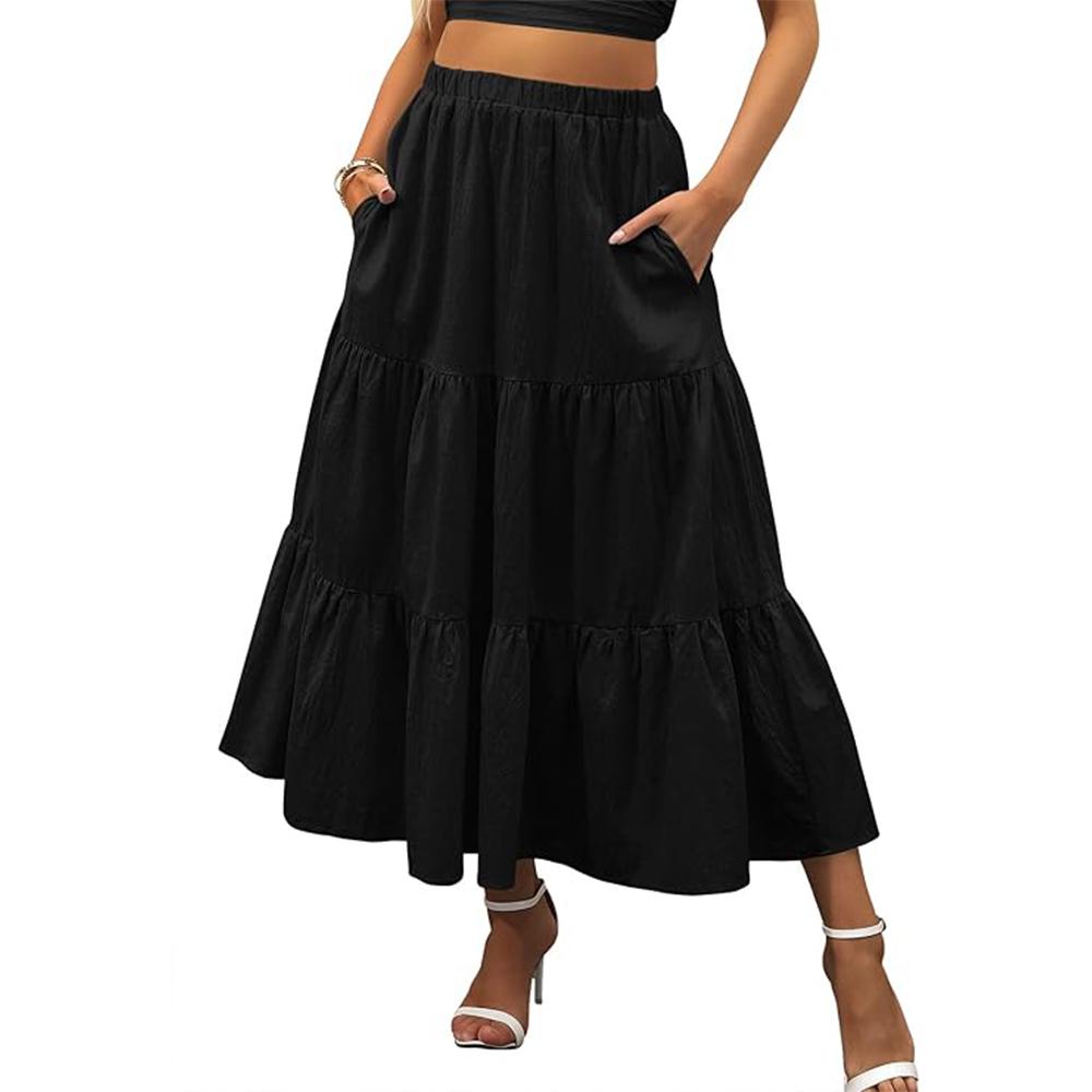 Women’s Summer Boho Flowy Swing Tiered A-Line Maxi Skirt 2025 Fashion Trendy Elastic Waist Pleated Long Beach Dress