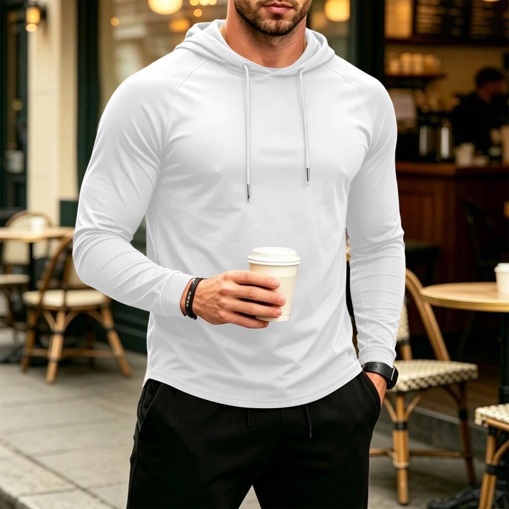 Men's Casual Breathable Hooded Sun Protection Long Sleeve Shirt Lightweight Athletic Pullover with Adjustable Drawstring Hood for Outdoor Activities