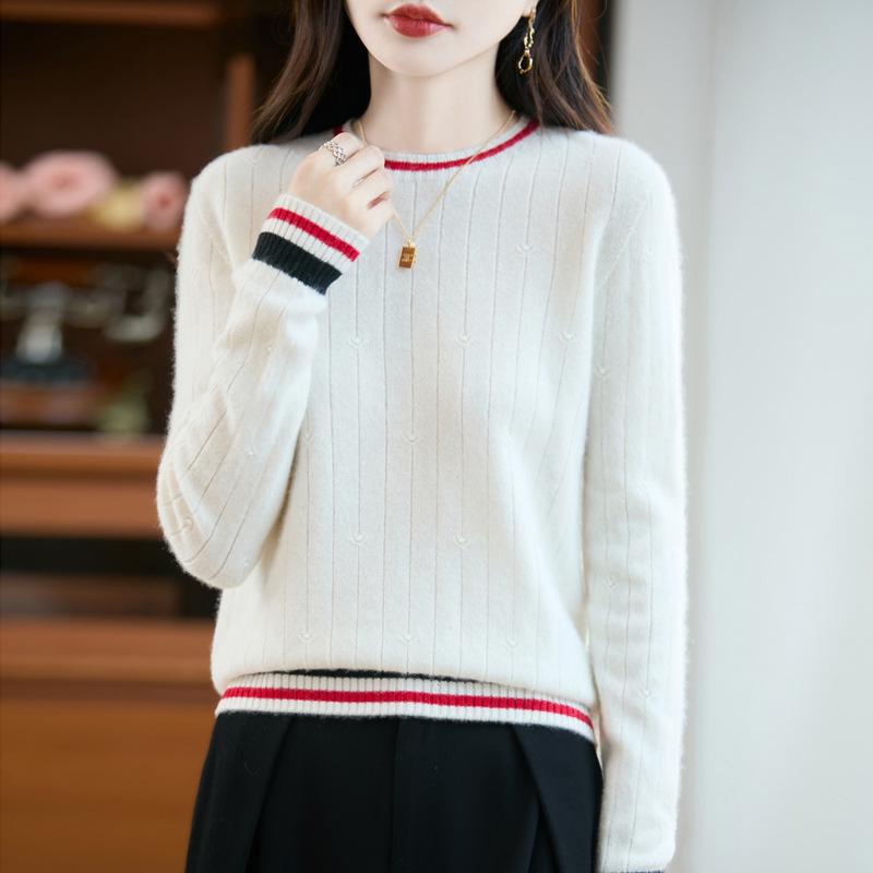 Women's 100% Pure Wool Color Block Round Neck Long Sleeve Seamless Sweater - New Autumn/Winter Style