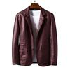 Suit Coat Faux Leather Turn-down Collar Cardigan Solid Color Men Formal Jacket for Meeting