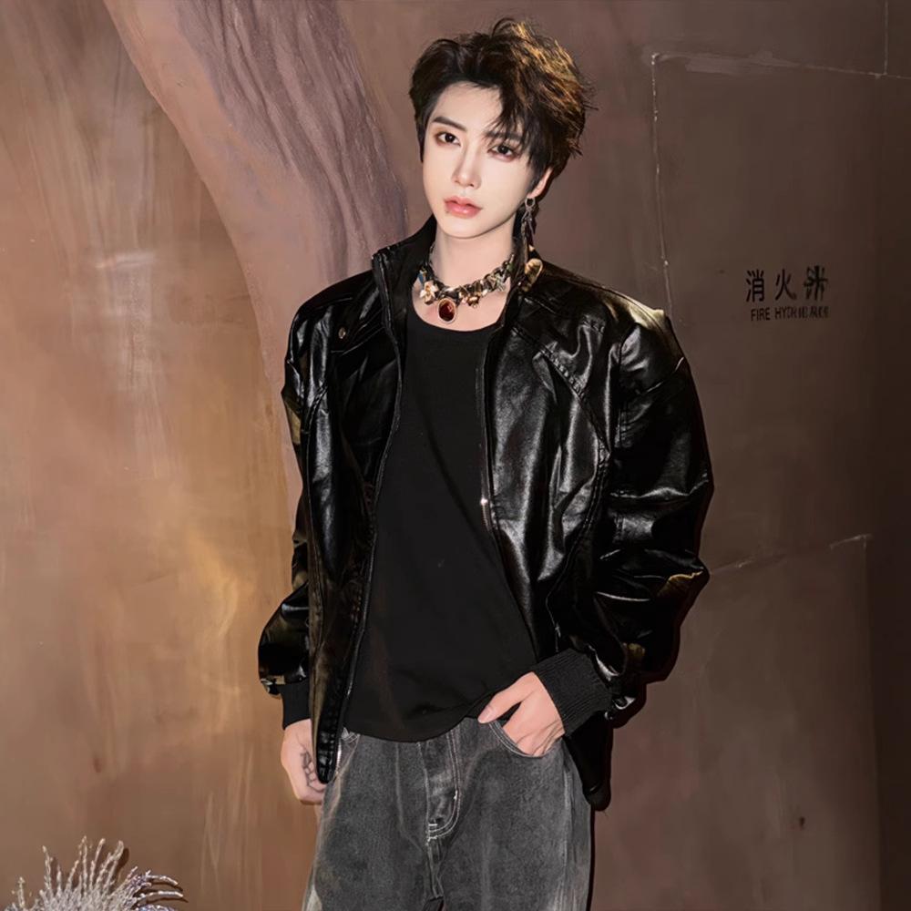 

White Short Shoulder Padded Jacket Men s Silhouette Motorcycle Pu Leather Jacket Wear XXXL