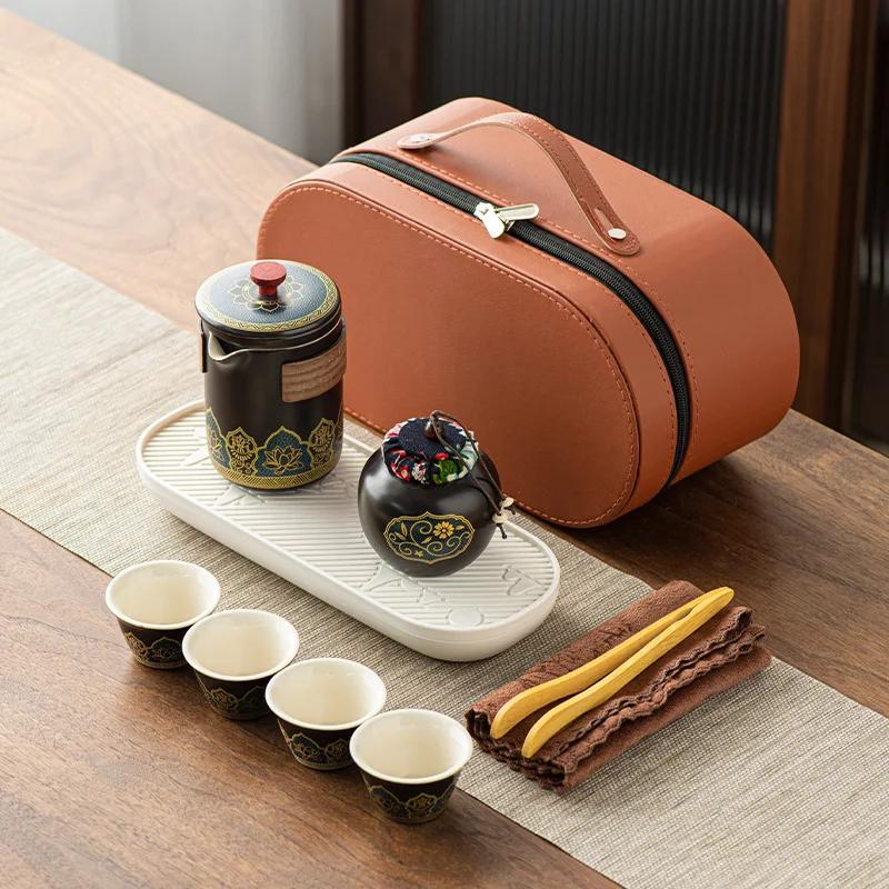 Portable Travel Tea Set with Ceramic Kungfu Cups for Outdoor Camping and Business Gifts