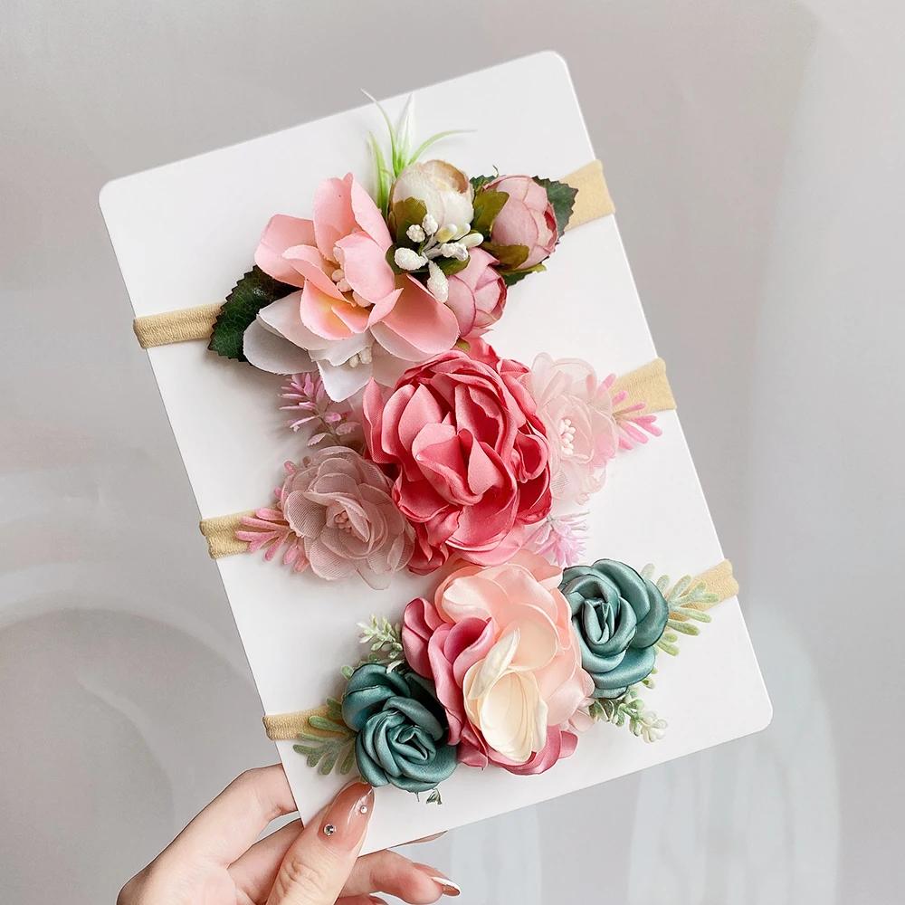 3/4Pcs Artificial Flower Headband for Kids Baby Girls Hair Band Set Floral Newborn Toddler Elastic Nylon Headwear Accessories