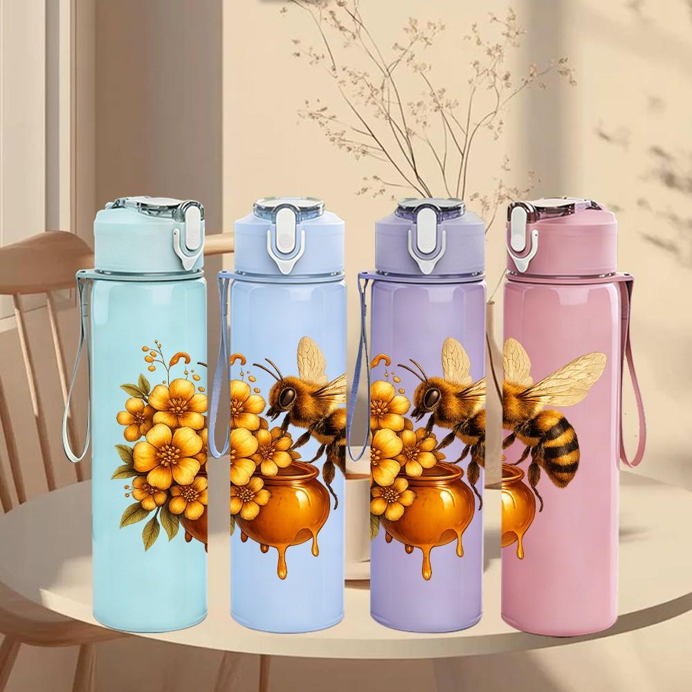 1PC Bee Sunflower Floral Print 750ml Color Plastic Sports Water Bottle Leakproof Flip Straw Lid Suitable for Sports Office Home Use