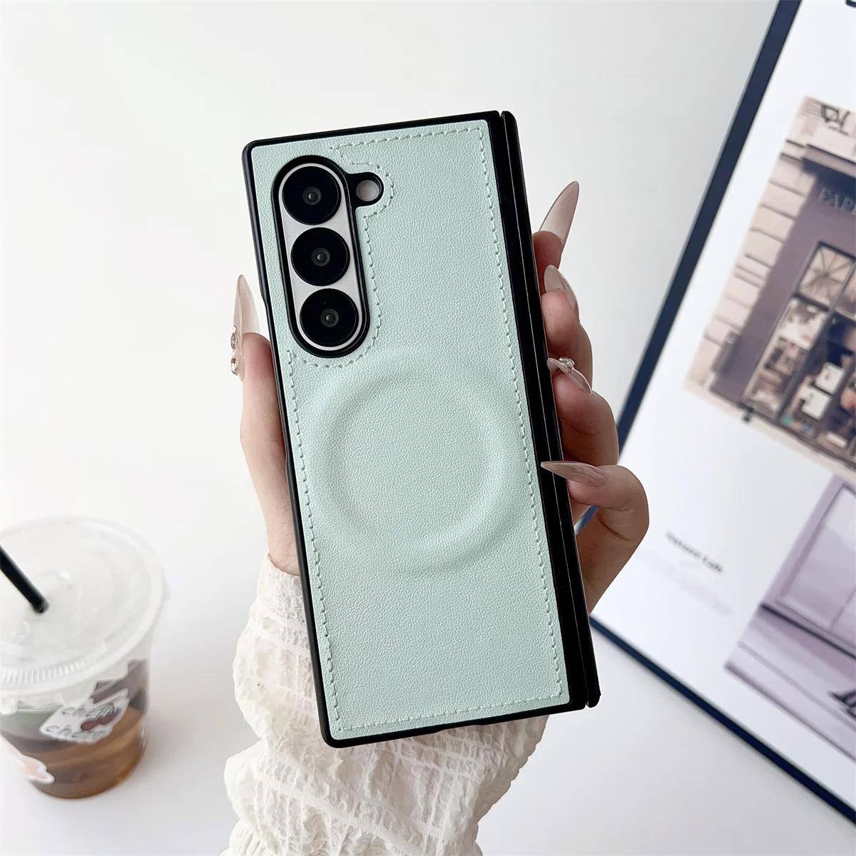 

PU Leather Magnetic Case for Samsung Z Fold 7 6 5 4 3 Fold7 Fold6 Fold5 Fold4 5G Phone Cover with Hinge Protection For Magsafe Galaxy Z Fold7 зелений