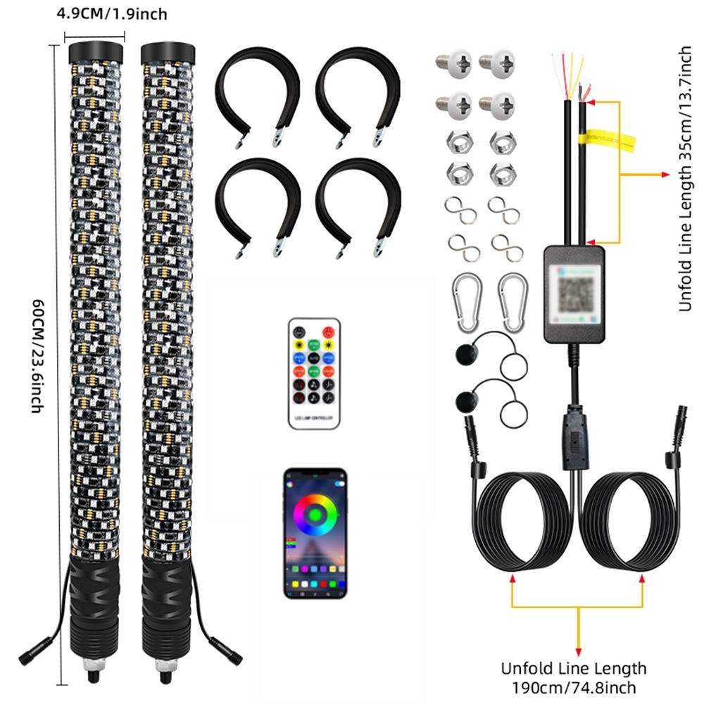 

2PCS RGB LED Antennas RZR 2FT LED Whip Lights App & Remote Control Spiral RGB Chasing Music Whip Light Sequential Lights for ATV