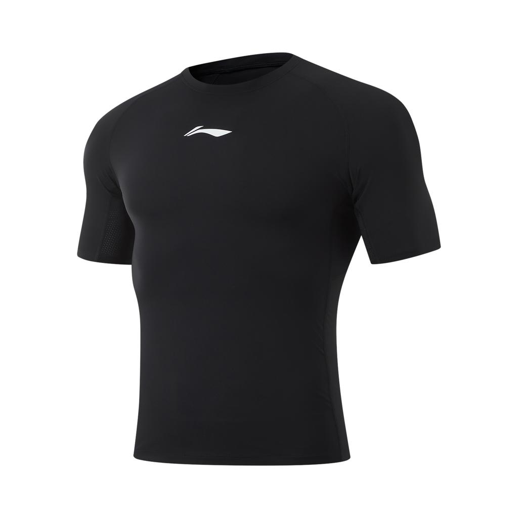 Li Ning CBA Series Solid Color Logo Round Neck Comfortable Breathable Slim Fit Short Sleeve Fitness Shirt Men tops Black AUDU113-2