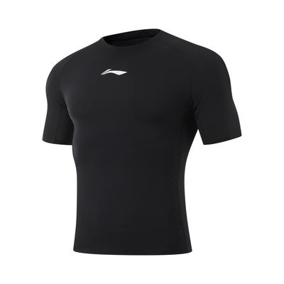 Li Ning CBA Series Solid Color Logo Round Neck Comfortable Breathable Slim Fit Short Sleeve Fitness Shirt Men Tops Black AUDU113-2