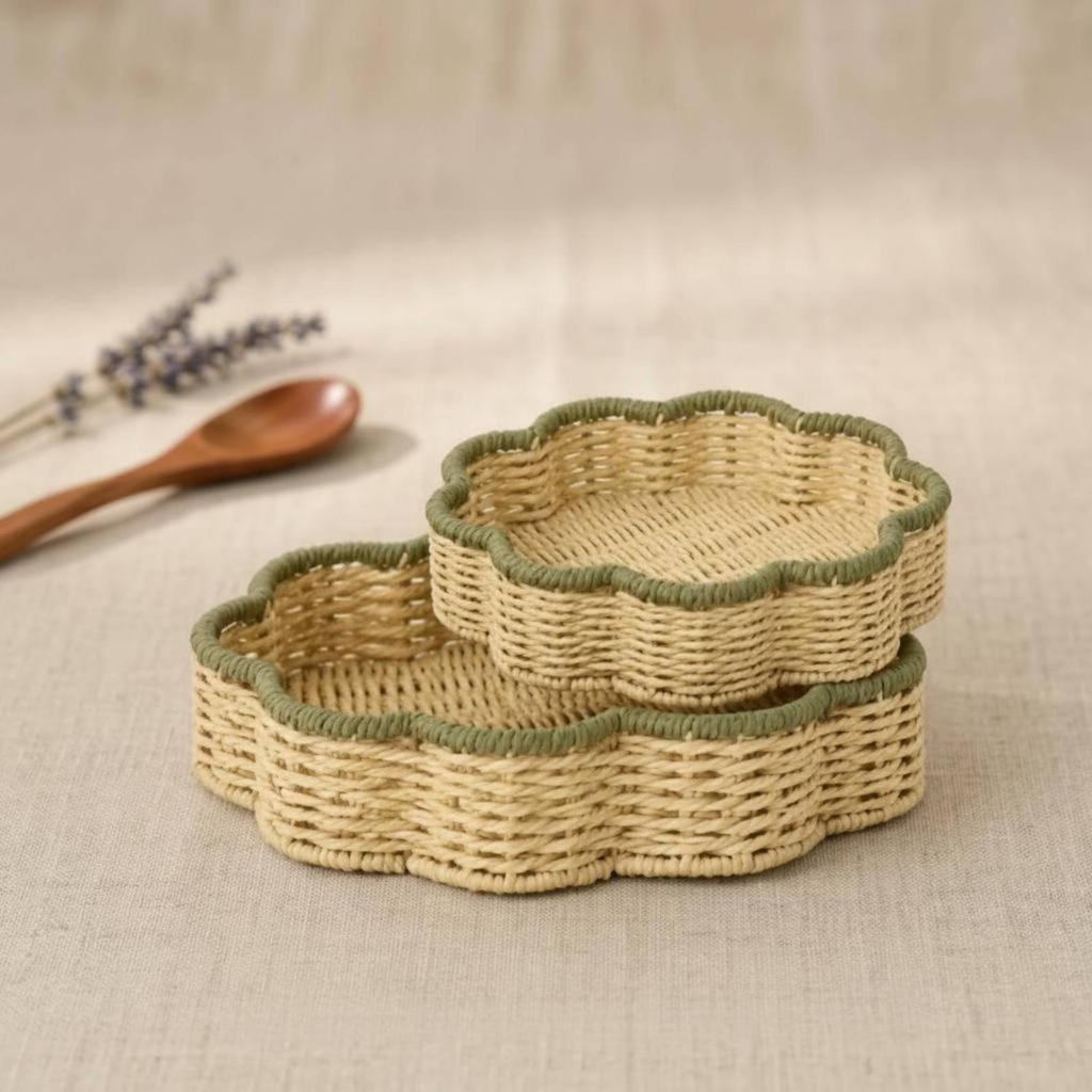 2 Pieces Paper Rope Basket Decorative Rattan Tray Basket Imitation Rattan Tray Natural Look Home Storage Eco-Friendly