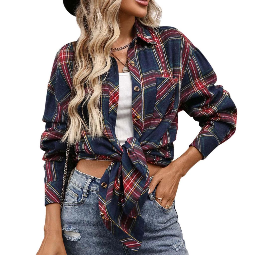 Women's 2025 Autumn Retro Plaid Long Sleeve Shirt – Versatile, Elegant Hong Kong Style Outerwear