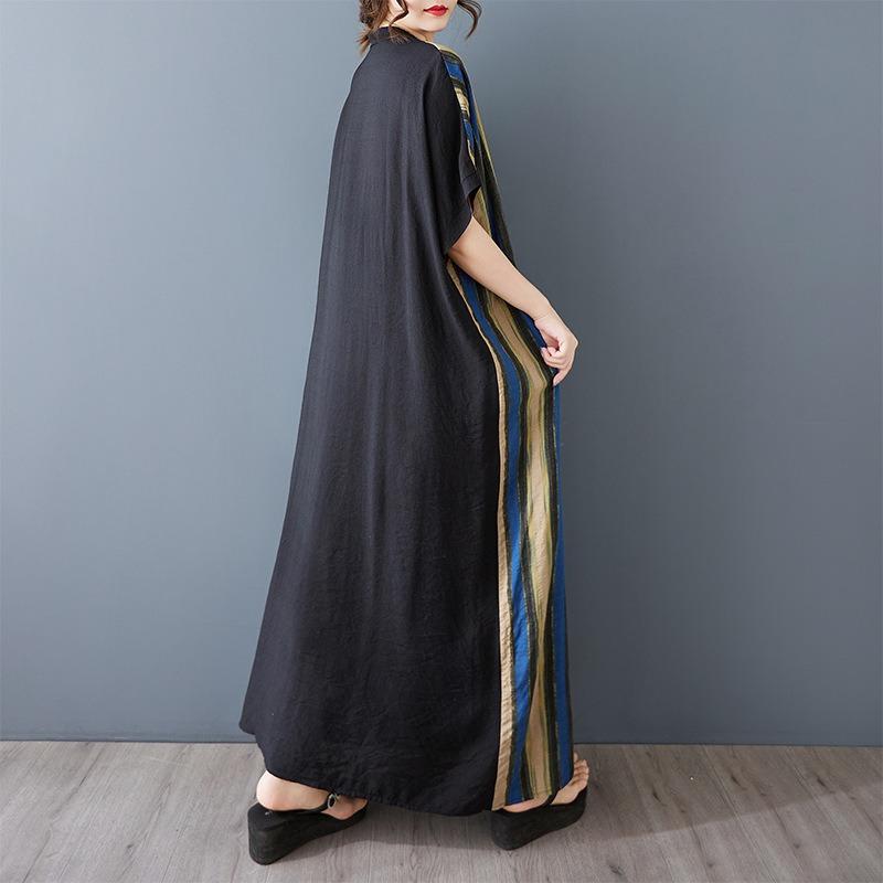 Real Shot Summer Thin Cotton and Linen Printing Thin V-neck Short Sleeve Contrasting Color Splicing Black Long Dress Length