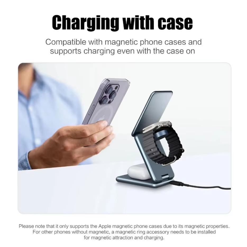 Alloy 3 in 1 Wireless Charger Stand Magnetic Fast Charging Station For iPhone 16 15 14 13 Pro Max Samsung  Watch