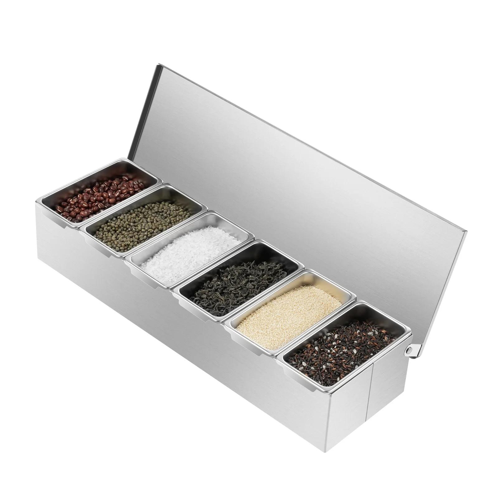 

Stainless Steel Condiment Dispenser Kitchen Grain Storage Container Seasoning Spice Box with 6 Separate Compartments срібний