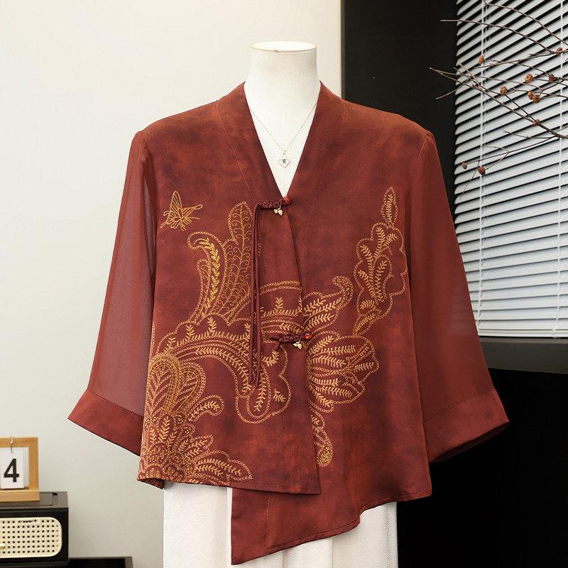 

Chinese Style Mid-Sleeve Mother s Day Summer Blouse - Women s Short, Thin, Printed Top 2XL (105-120 jin recommended)