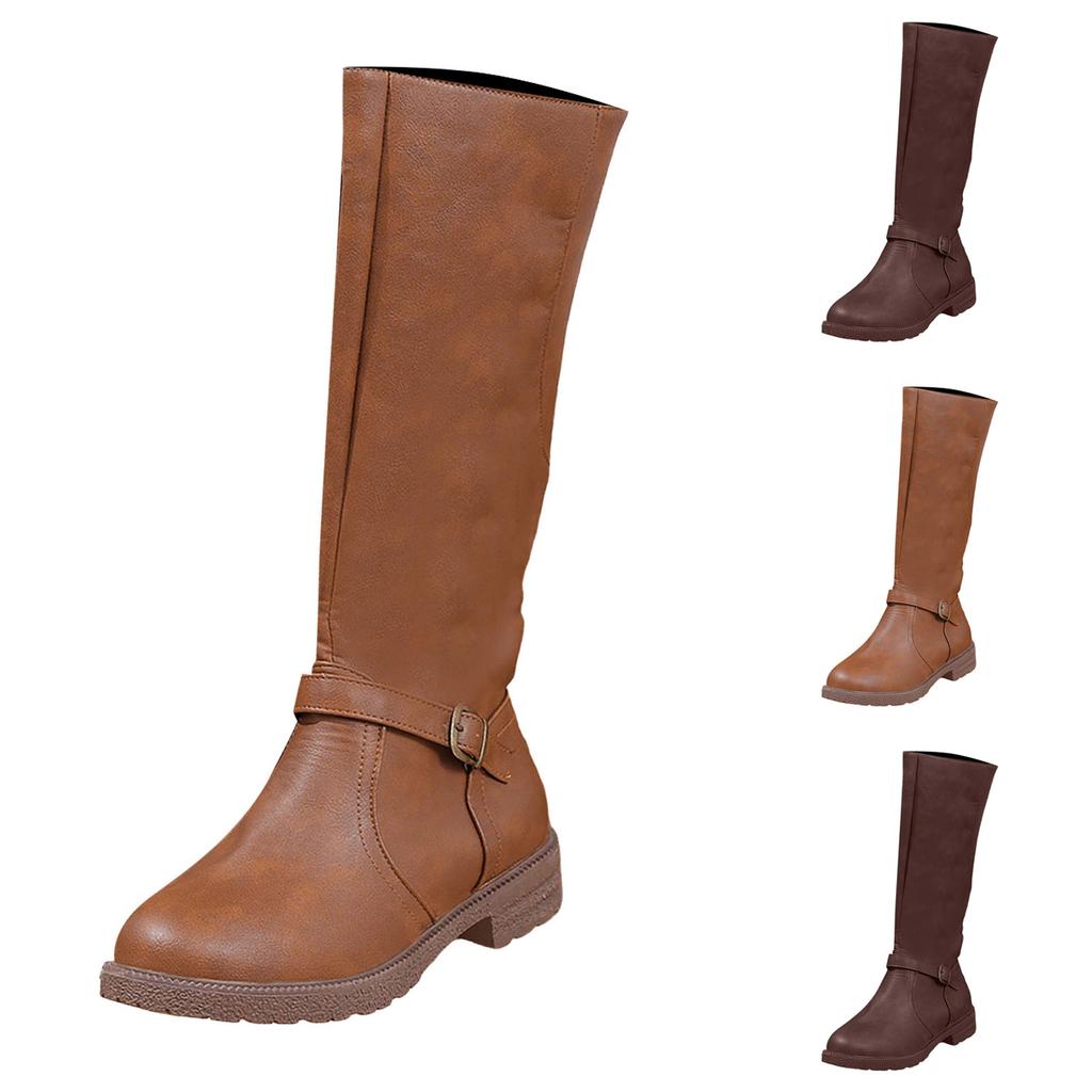 Women's Fashion Casual Retro Belt Side Zipper High Top Mid Calm Boots Glitter Rain Boots for Women Mid Calf