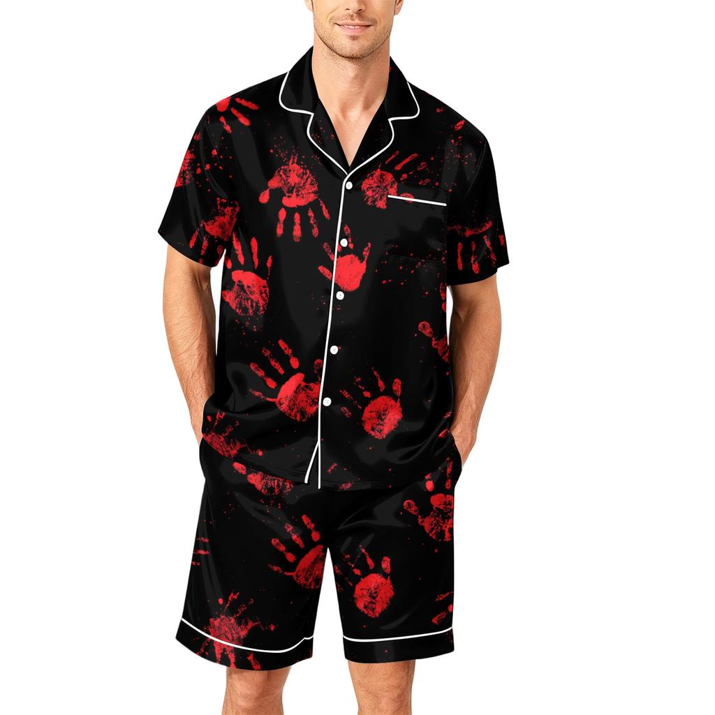 Men's Short Sleeve Pajama Set Button Down Shirt with Curved Hem and Matching Shorts Soft Casual Sleepwear Available In Sizes S To XXXXL