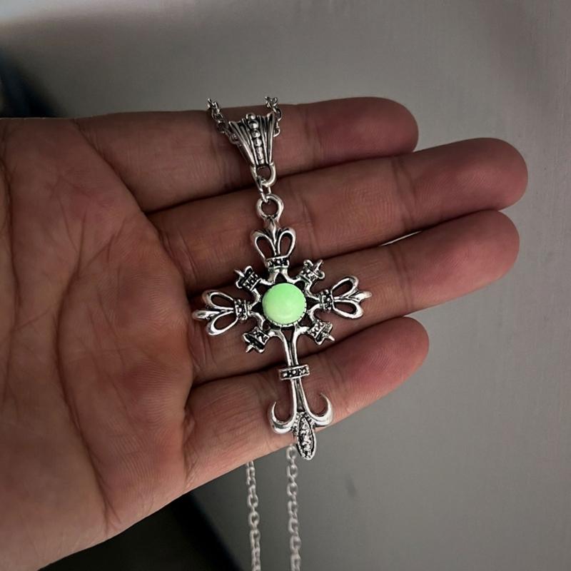 Cross Pendant Necklace Punk Choker Luminous Stone Necklace Hip Hop Clavicle Chain Necklace Gothic Jewelry for Egirl Eboy