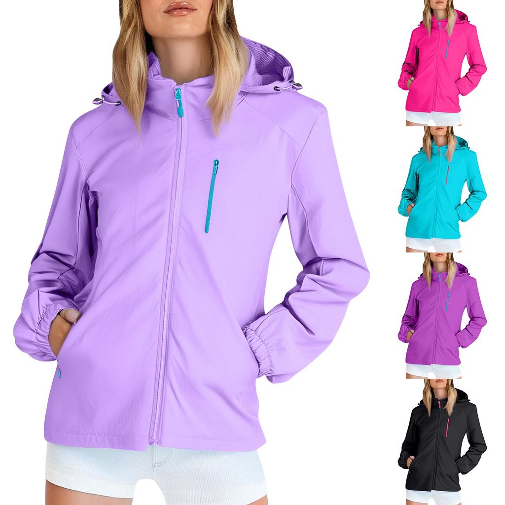 Women's Solid Color Long Sleeved Hooded Outdoor Suit Windproof And Waterproof Thin Jacket