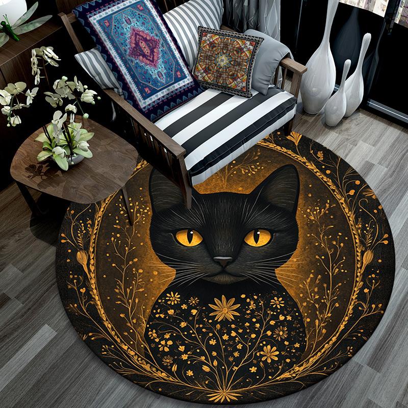 Golden Framed Black Cat Round Area Rug,Carpet Rug for Living Room Bedroom Sofa Playroom Decor,Non-slip Floor Mat