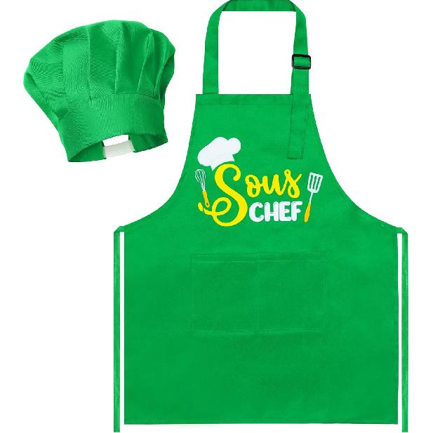 Kid Apron and Chef Hat Set - R HORSE 2Pcs Adjustable Children Green Kitchen Apron, Dress up Role Play Chef Toy Cooking Baking Painting and Training