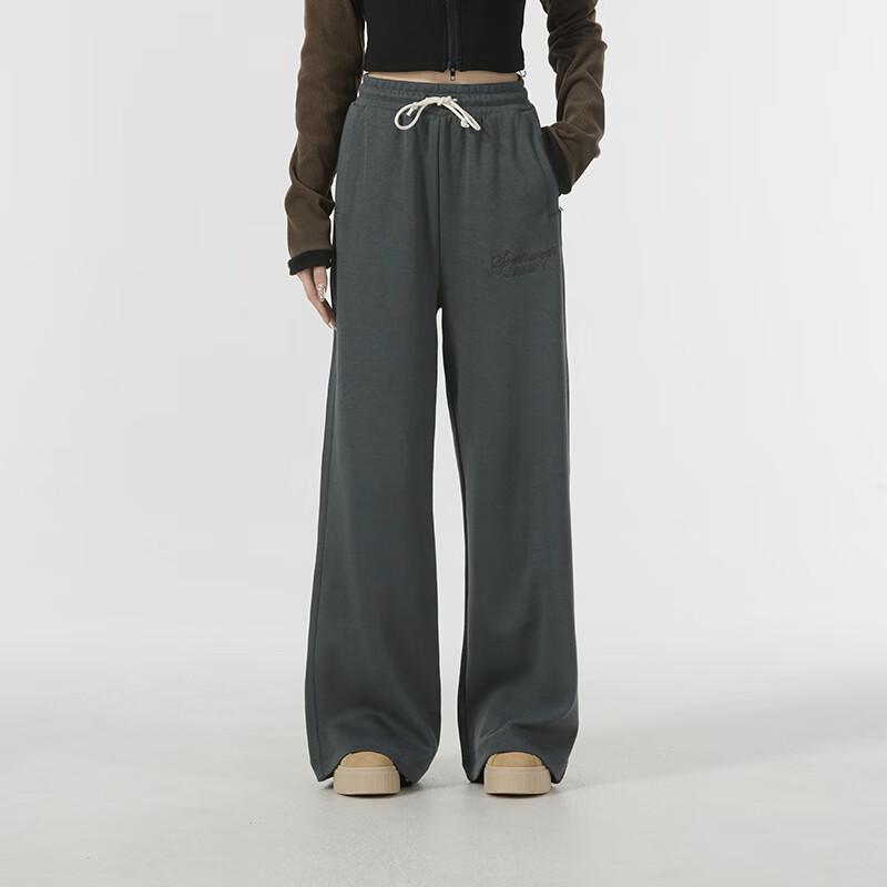 Puma Letter Embroidery Loose Wide Leg Running Training Fitness Knitted Sports Pants Women Pants Dark-Gray 626045-80