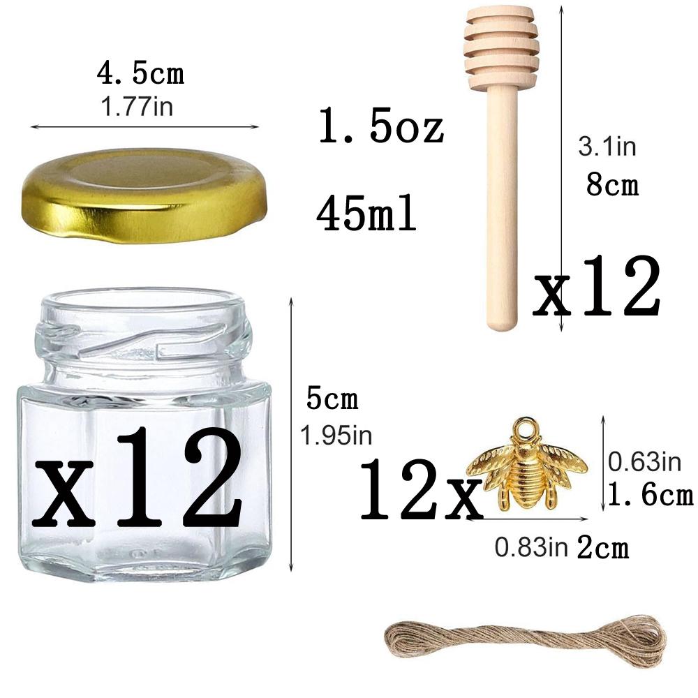 1.5 Oz Hexagon Mini Glass Honey Jars Honey Jars with Wood Dipper, Gold Lid, Bee Pendants, Jutes - for Baby Shower, Wedding