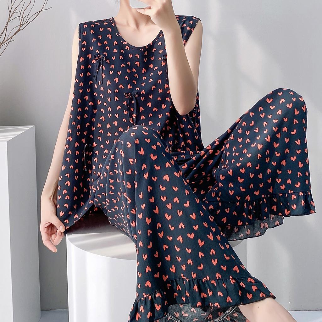 1011 new pajamas with chest pads women's summer sleeveless printing high-end loungewear anti-bumping cotton and silk suit thin