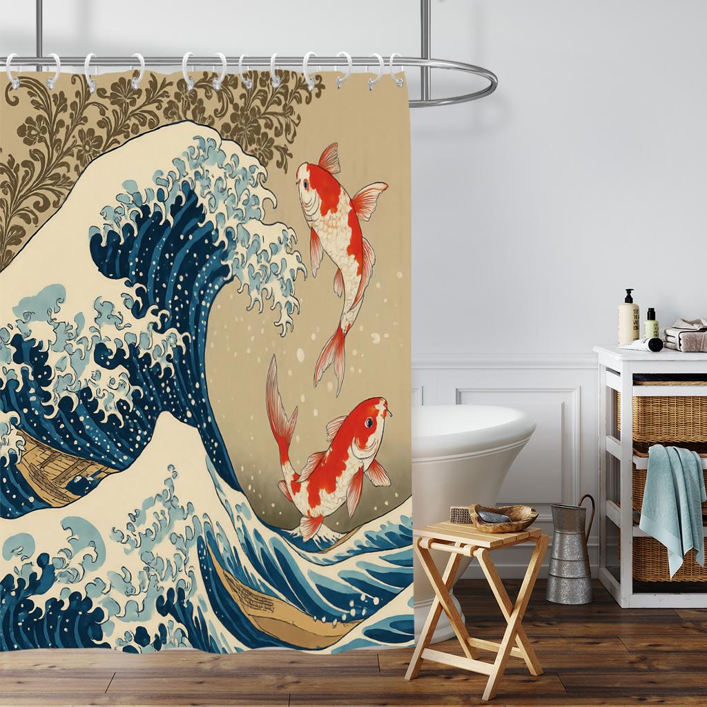 1pc Wave Sunrise Print Waterproof Shower Curtain Partition Privacy Hanging Curtain with 12 Hooks Multiple Sizes Machine Washable