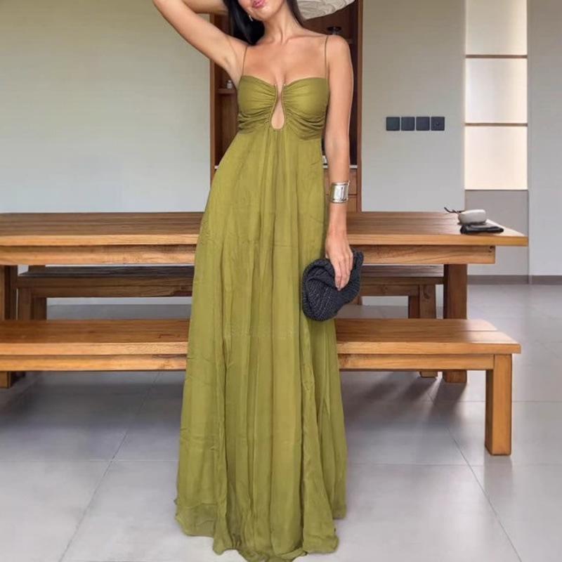2025 New European & American Summer Spaghetti Strap U-Neck Maxi Dress