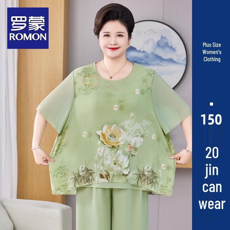 ROMON Women s Plus Size Faux Silk Summer T-Shirt & Pants Set 7XL
