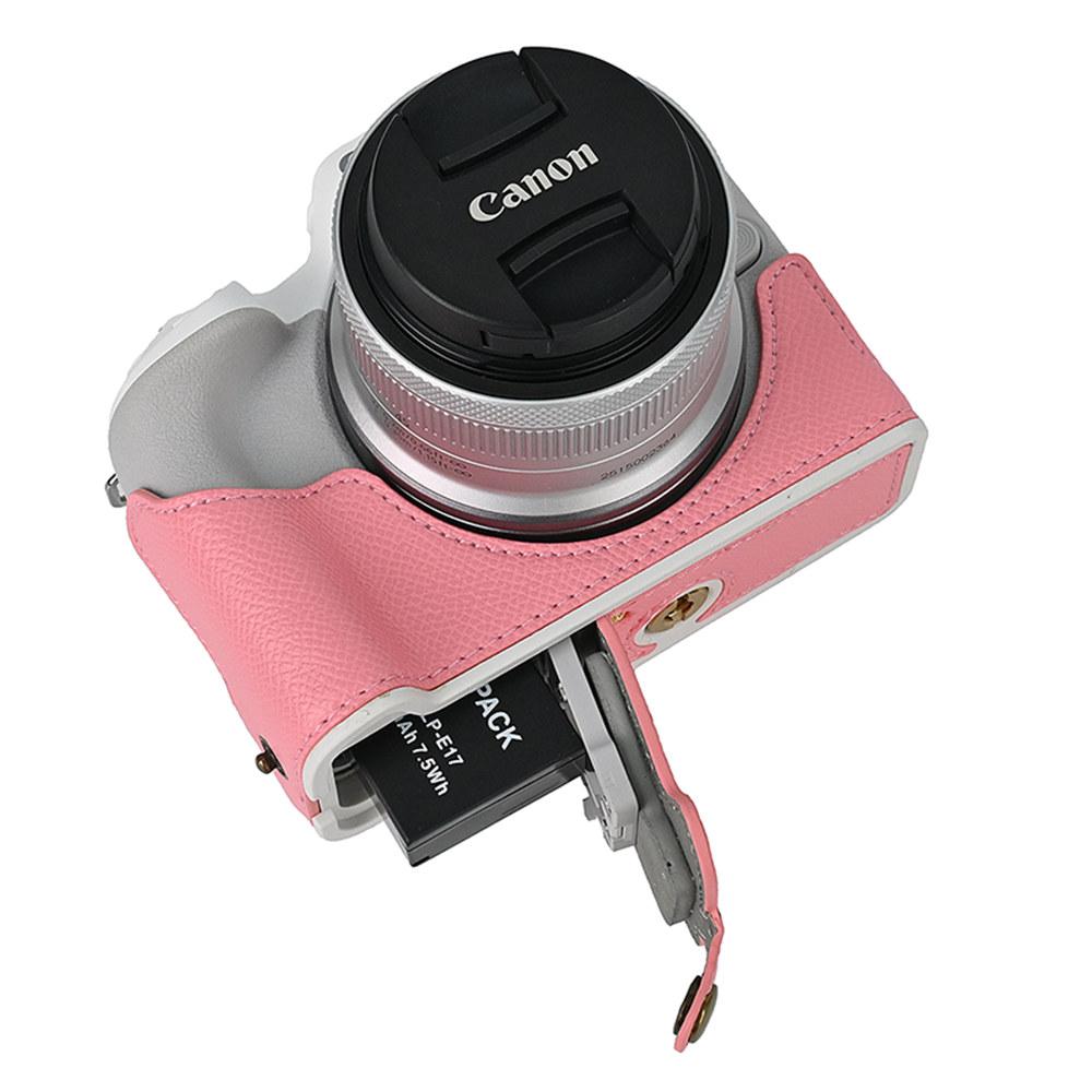 Palm Print PU Leather Camera Half Case For Canon EOS R50 R10 R8 Battery Opening Bottom Cover With Hand Strap