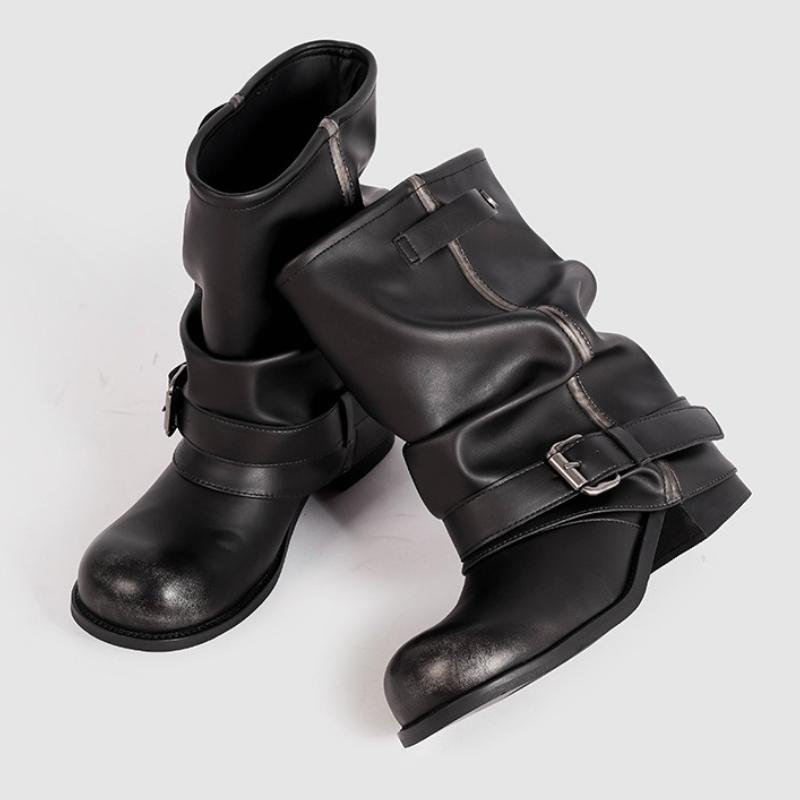 Fashion Black Leather Thick Bottom Botines Para Mujeres Fashion Round Toe Metal Buckle Winter Boot Retro Square Heel Pleated Knight Boot