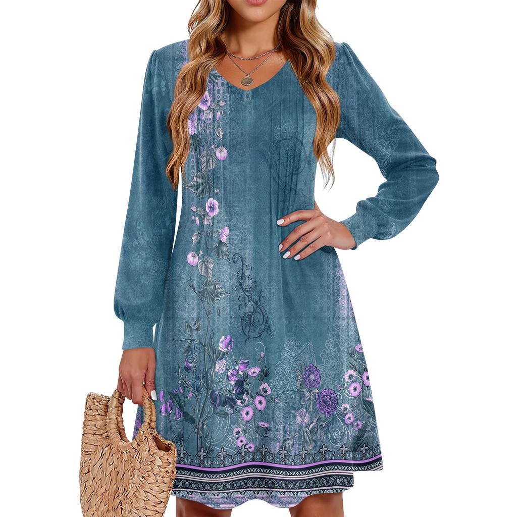 Ladies' Printed Casual And Fashionable V-neck Long Sleeved Mid Length Dress