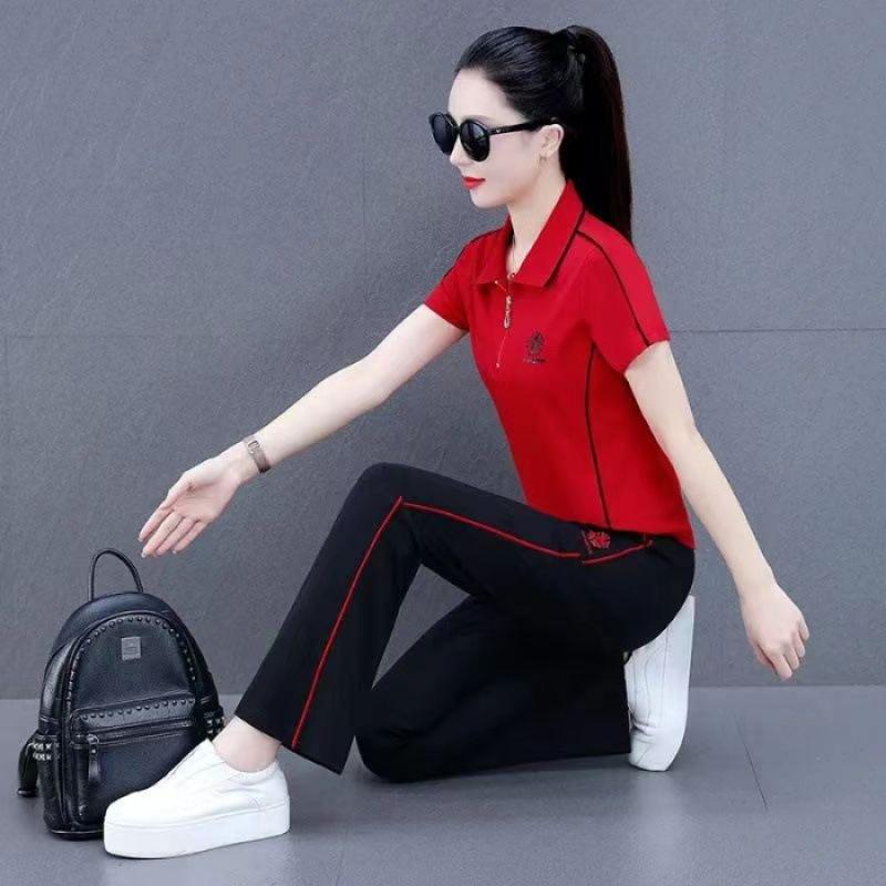 Fashion Sportswear Suit Women's Summer Style Short-sleeved Large Size Casual Wear Straight Pants Two-piece Set