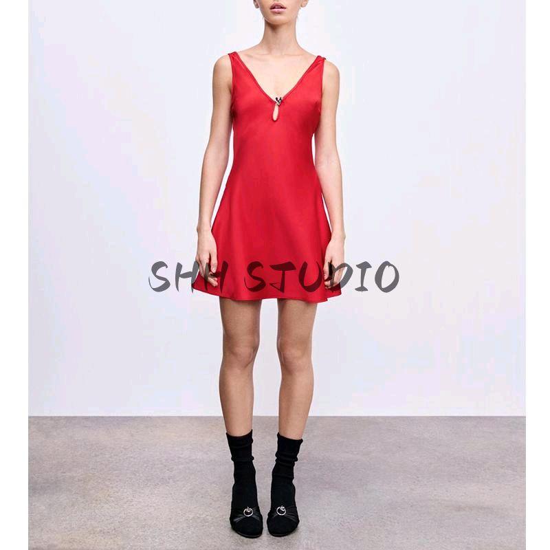 Spring New Women's V-neck Sleeveless Short Red Heart-Shaped Satin Textured Dress 2354331