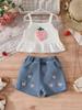 Girls' Strappy Top With 3D Strawberry Flowers & Embroidered Denim Shorts