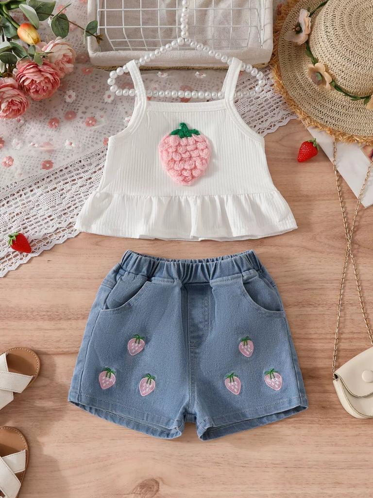 Girls' Strappy Top With 3D Strawberry Flowers & Embroidered Denim Shorts