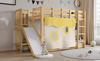 Bunk Bed, Wooden Bed with Stairs and Fences, with Bed Curtain, Slide, Children's Bed with Fall Protection and Guardrail, MDF+Pine, Natural, 90x200cm