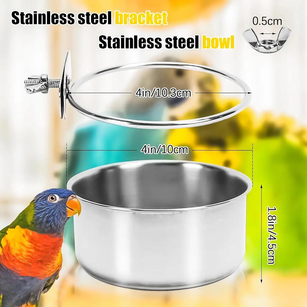 Stainless Steel Bird Bowl Cup Dish with Clamp Parrot Food Water Dishes Birdcage Feeder for Cockatiel Budgie Conure Macaw
