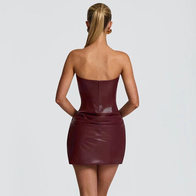 European & American Women's Sexy Strapless PU Leather Ruched A-line Dress