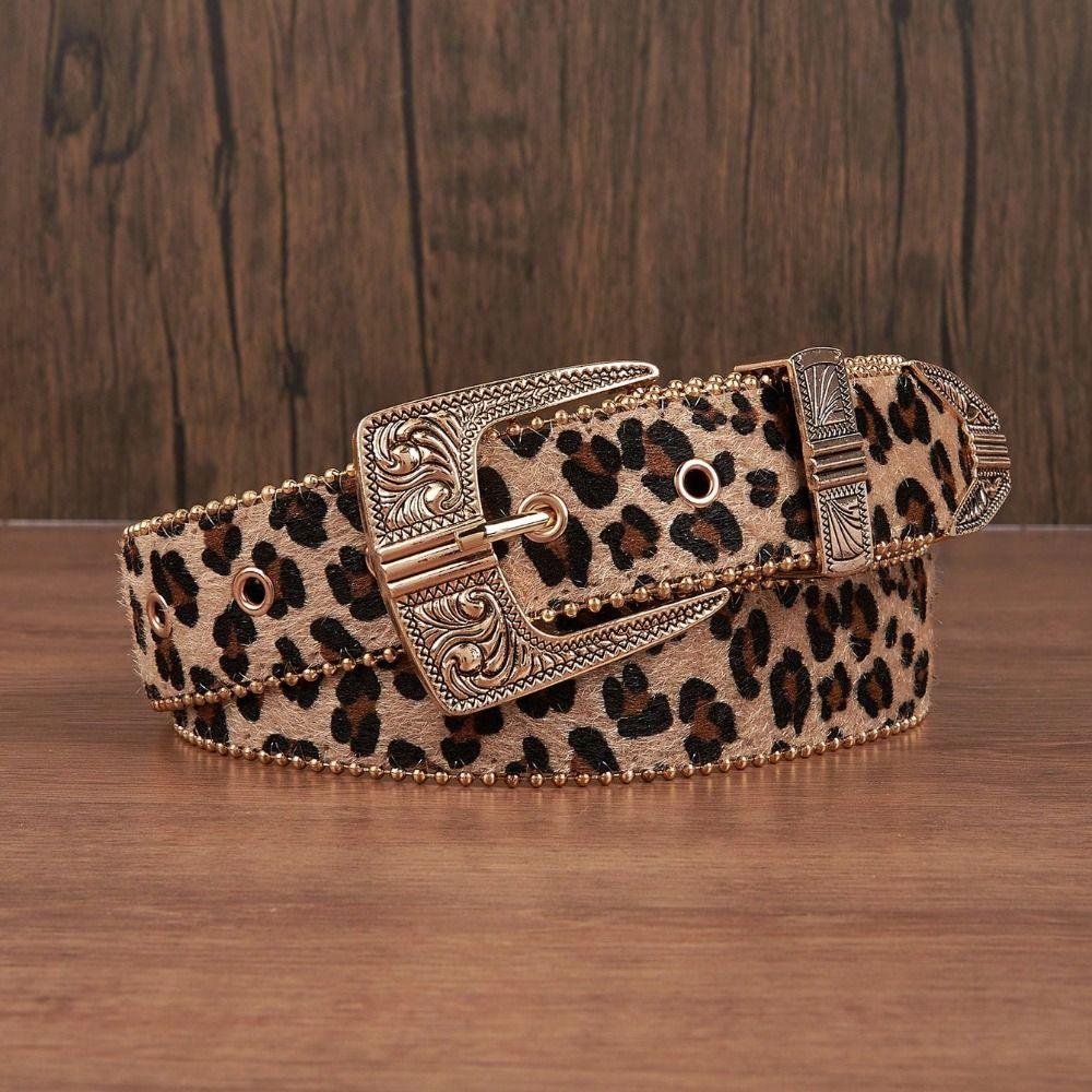 Cool Carved Buckle Belt Zinc Zinc Alloy PU Vintage Waistband Fashion Leopard Print Belt  Festival