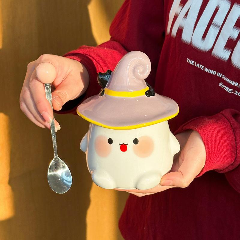 Halloween cute ghost cup girl ceramic mug with lid spoon office couple coffee cup souvenir