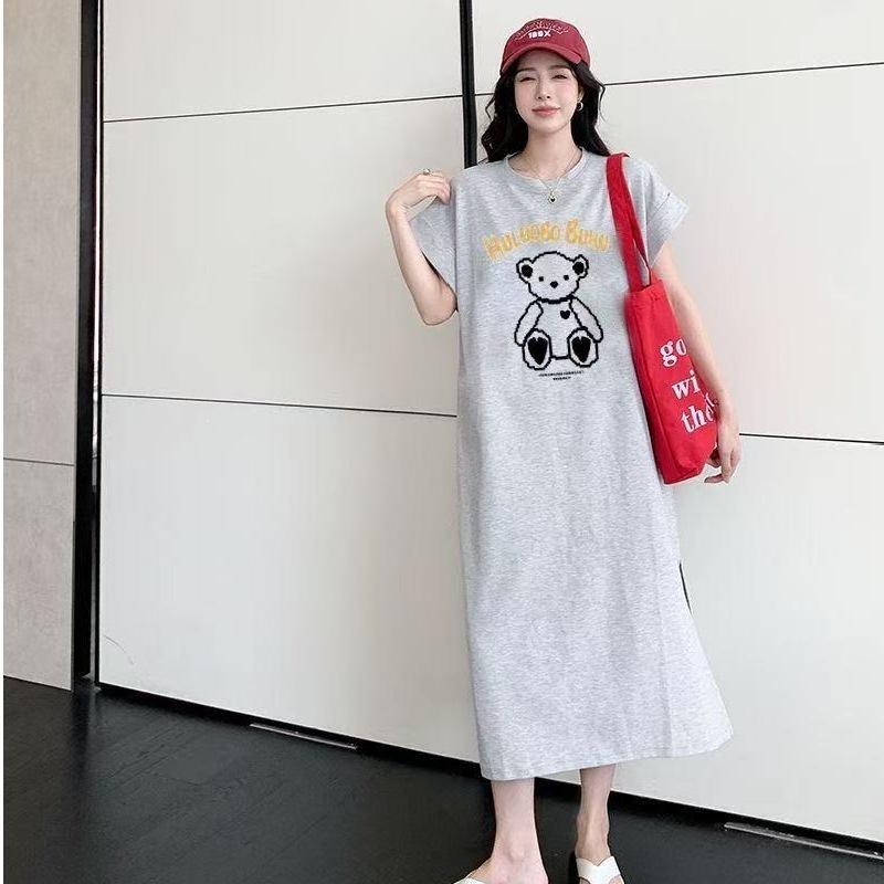 Fun Cartoon Short-sleeved T-shirt Dress for Women, Slimming Long Dress, Knee-length Dress