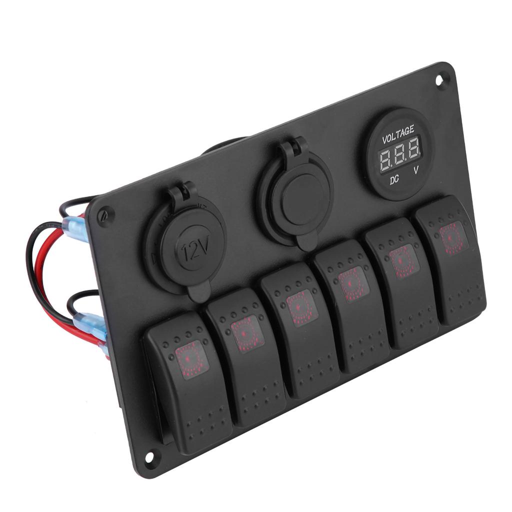 12V 24V 6 Gang Car Boat Marine LED Rocker Switch Panel Dual USB Voltmeter Cigarette Lighter