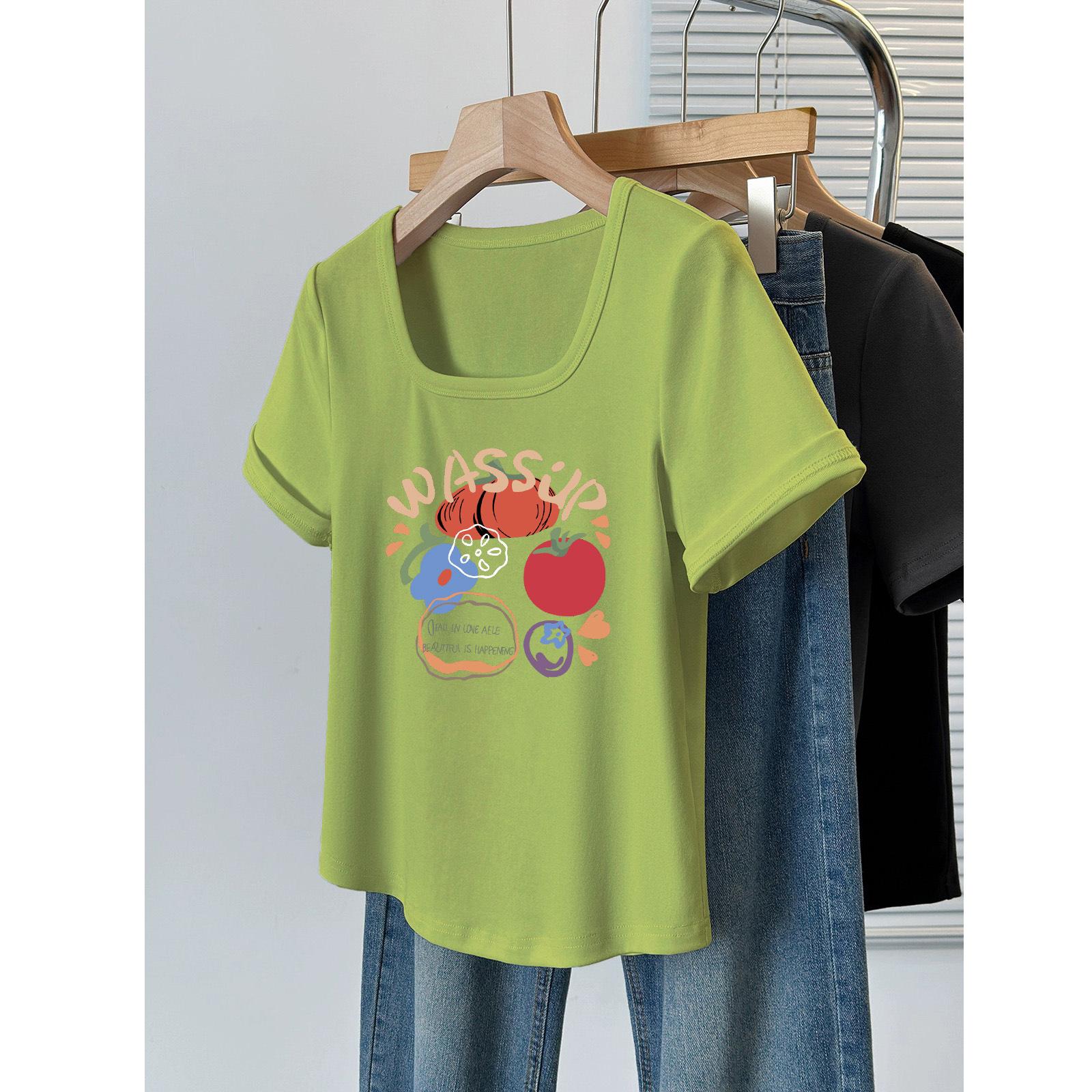 

Square neck fashion short-sleeved t-shirt women s 2025 new front shoulder U-neck t-shirt low neck high waist short loose top summer M [80-60kg]