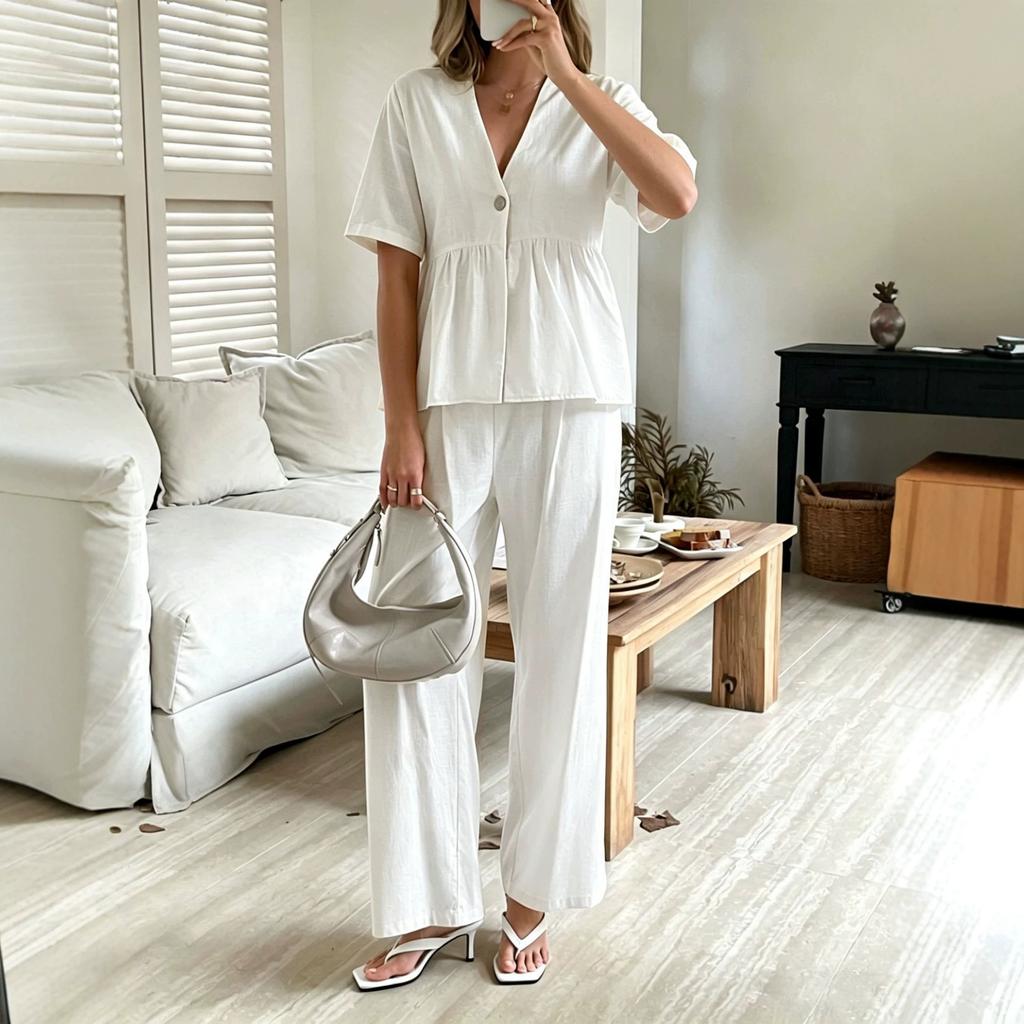 Europe, America, Cross-border Amazon Foreign Trade Fashionable and Elegant V-neck Loose Short-sleeved Top and Wide-leg Pants Two-piece Set