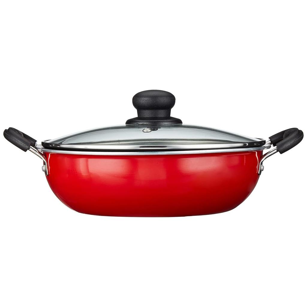3 Pcs Non Stick Cookware Sets, Tawa 25 Cm, Kadhai 24 Cm with Glass Lid, Fry Pan 24 Cm (Red) Aluminium